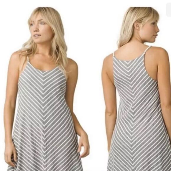 Prana Seacoast Halter Swing Mini Trapeze Dress Striped Summer Gray/white Large - Picture 1 of 8